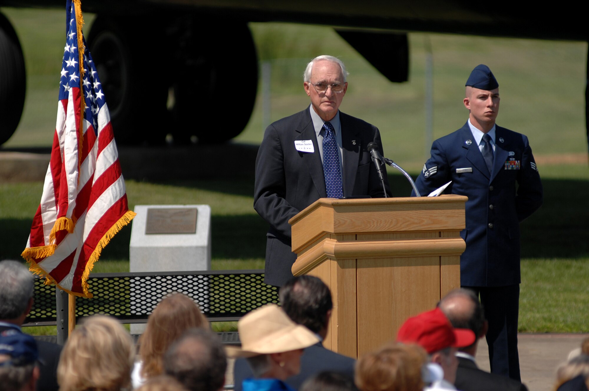 WHITEMAN AIR FORCE BASE, Mo. - Col. (Ret.) William Stocker gives a speech during a B-52 static display ceremony July 24 which was dedicated to Capt. Robert Morris Jr. and the crew of Ebony-02 who flew during Operation Linebacker II during the Vietnam War. Many veterans associations were in attendance Friday as well as members of Team Whiteman. (U.S. Air Force photo/Senior Airman Kenny Holston)
