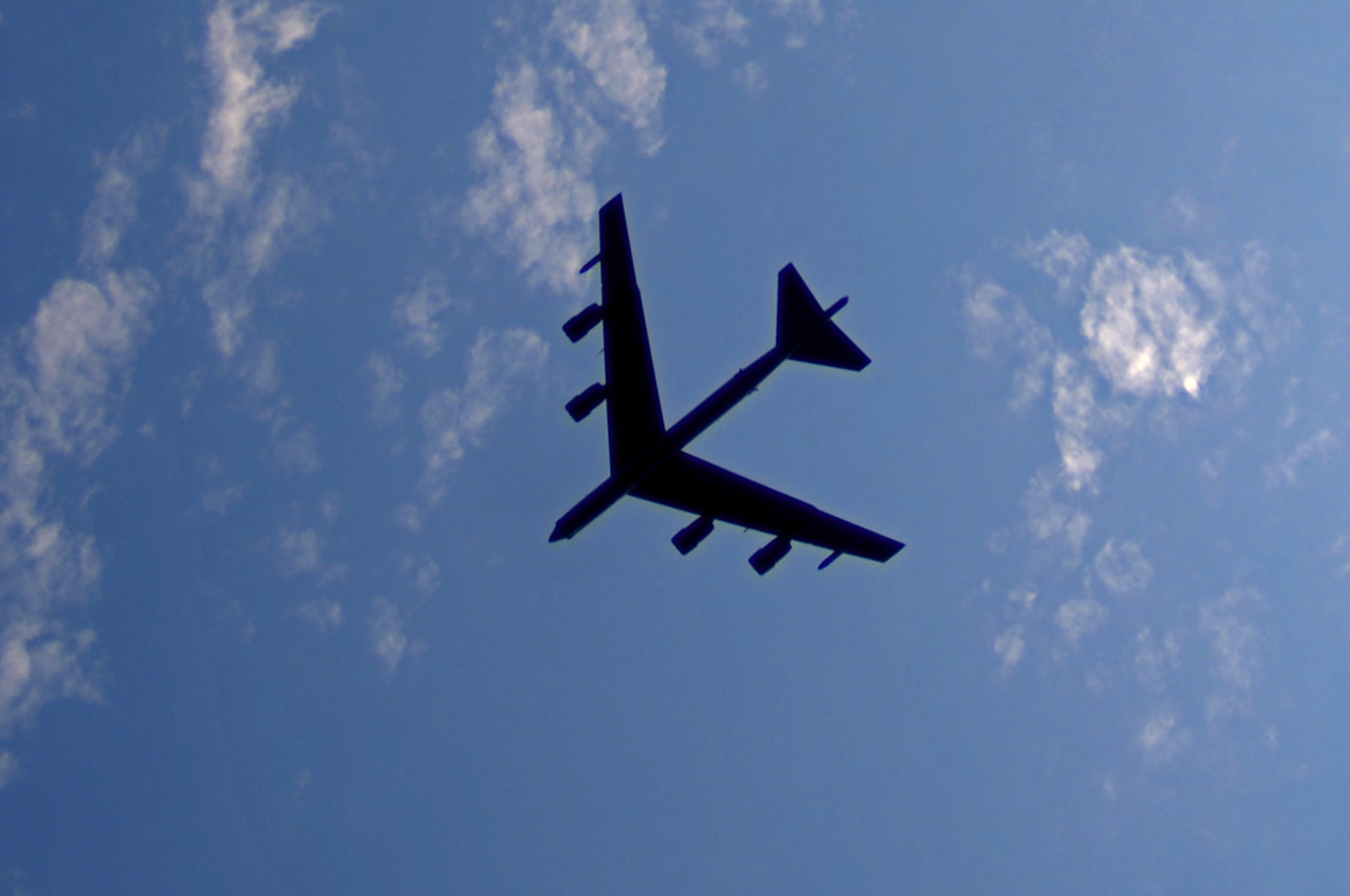 WHITEMAN AIR FORCE BASE, Mo. - Family A B-52 flies over head July 24 during a B-52 static display ceremony which was dedicated to Capt. Robert Morris Jr. and the crew of Ebony-02 who flew during Operation Linebacker II during the Vietnam War. Many veterans associations were in attendance Friday as well as members of Team Whiteman. (U.S. Air Force photo/Senior Airman Kenny Holston)