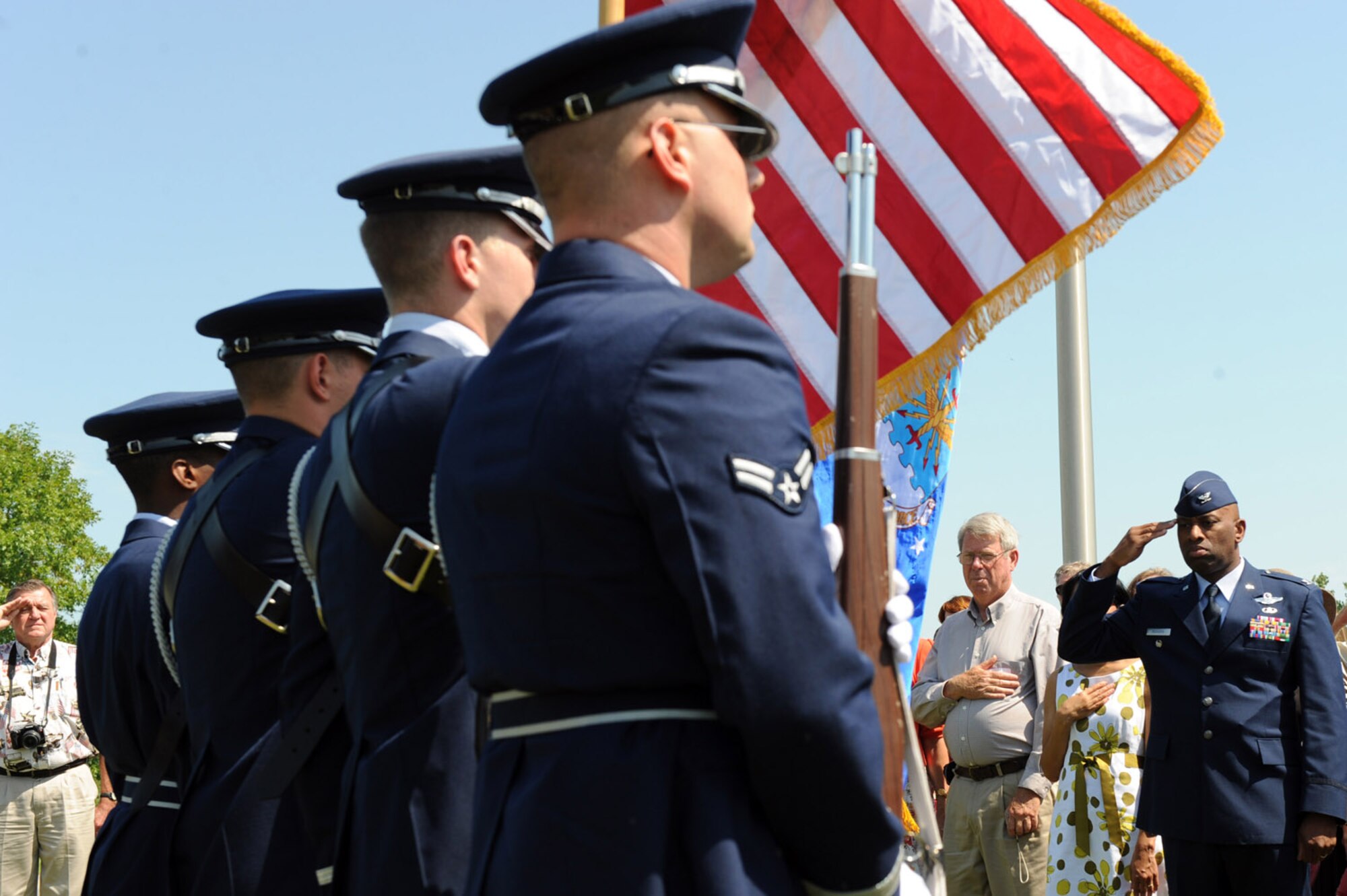 WHITEMAN AIR FORCE BASE, Mo. - Members of Whiteman Air Force Base Honor Guard present the colors at the B-52 dedication ceremony July 24. A B-52 static display was dedicated to Capt. Robert J. Morris Jr. who flew during Operation Linebacker II during the Vietnam War. Many veterans associations were in attendance as well as members of Team Whiteman. (U.S. Air Force photo/Senior Airman Jason Huddleston)