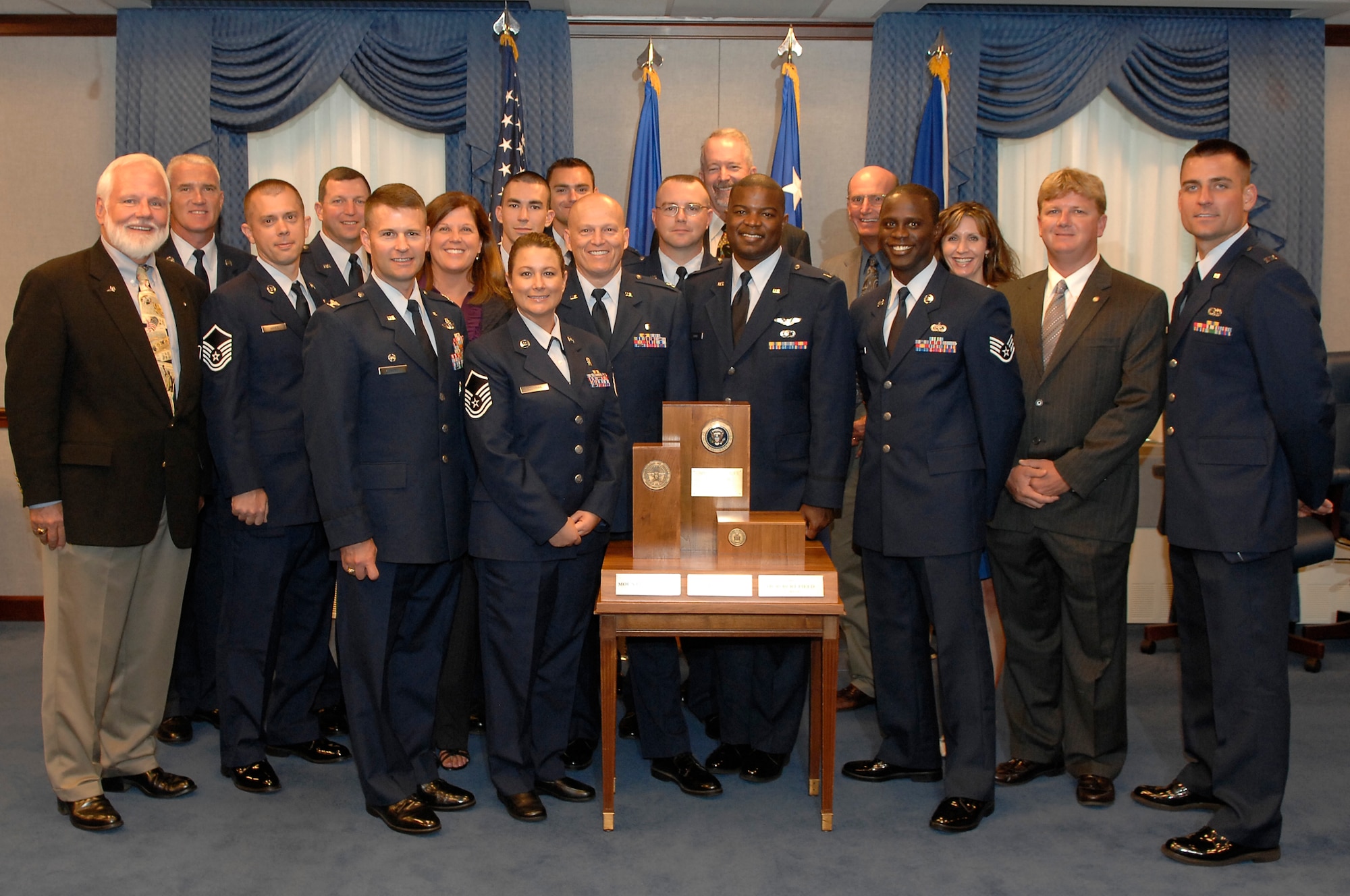 A group of 17 Airmen and civilians from Hurlburt Field representing a cross-section of the team responsible for preparing the base for the Installation Excellence Selection Board?s visit in January attended two Commander-in-Chief?s Installation Excellence Award ceremonies on Jul. 21-22 at the Pentagon in Washington, D.C..  Mayor Mike Anderson of Fort Walton Beach and Mayor Chuck Bolton of Mary Esther also attended as community representatives (DOD photo/Andy Morataya).