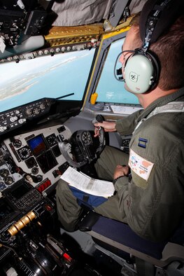 Capt. Lucas Karnes, KC-135 Stratotanker aircraft commander from the 909th Air Refueling Squadron at Kadena Air Base, Okinawa, returns to Darwin, Australia July 15 after an air-to-air refueling mission during exercise Talisman Saber 2009. Talisman Saber 2009 is a bilateral command post and field-training exercise between U.S. and Australian forces that concluded July 25. The two-week exercise, held jointly by U.S. Pacific Command and the Australian Defence Force, focused on crisis-action planning and execution of contingency response operations. (Australian Defence Force courtesy photo) 
