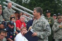 Chief Master Sgt. Mark Clegg, the supervisor of tanker operations for Air Mobility Command at Scott Air Force Base, Ill., describes the process for the maintenance skills competition demonstration July 23, 2009, as part of activities for Air Mobility RODEO 2009 at McChord AFB, Wash. The maintenance skills competition will be featured for the first time as a main event in RODEO 2011.  (U.S. Air Force Photo/Tech. Sgt. Scott T. Sturkol)
