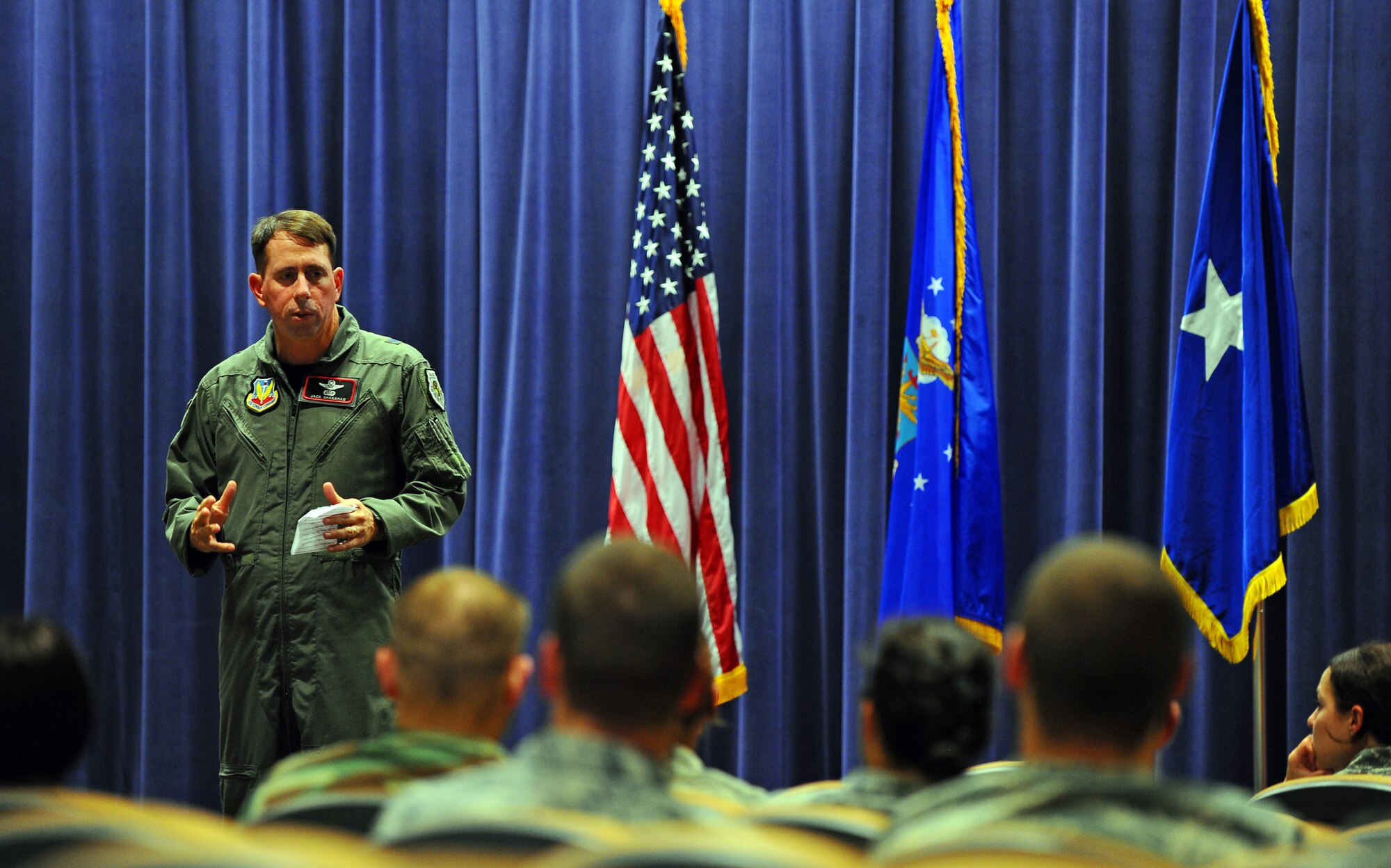 OFFUTT AIR FORCE BASE Neb. -- Brig. Gen. John N.T. Shanahan, 55th Wing commander, speaks to junior officers during the Company Grade Officer's Council meeting in the Air Force Weather Agency's auditorium here July 14. The general spoke about numerous topics and addressed the concerns of Offutt's junior officers. U.S. Air Force Photo by Josh Plueger