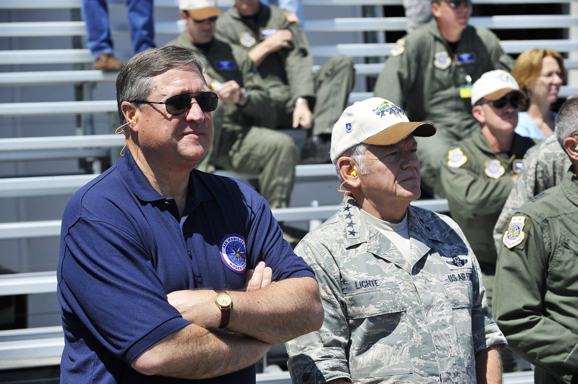 Secretary of the Air Force Michael B. Donley and Gen. Arthur J. Lichte watch an Air Mobility Rodeo 2009 event July 22 at McChord Air Force Base, Wash. Secretary Donley held a town hall meeting with Rodeo participants during his visit to thank them for their dedication and service. General Lichte is the commander of Air Mobility Command. (U.S. Air Force photo/James M. Bowman) 