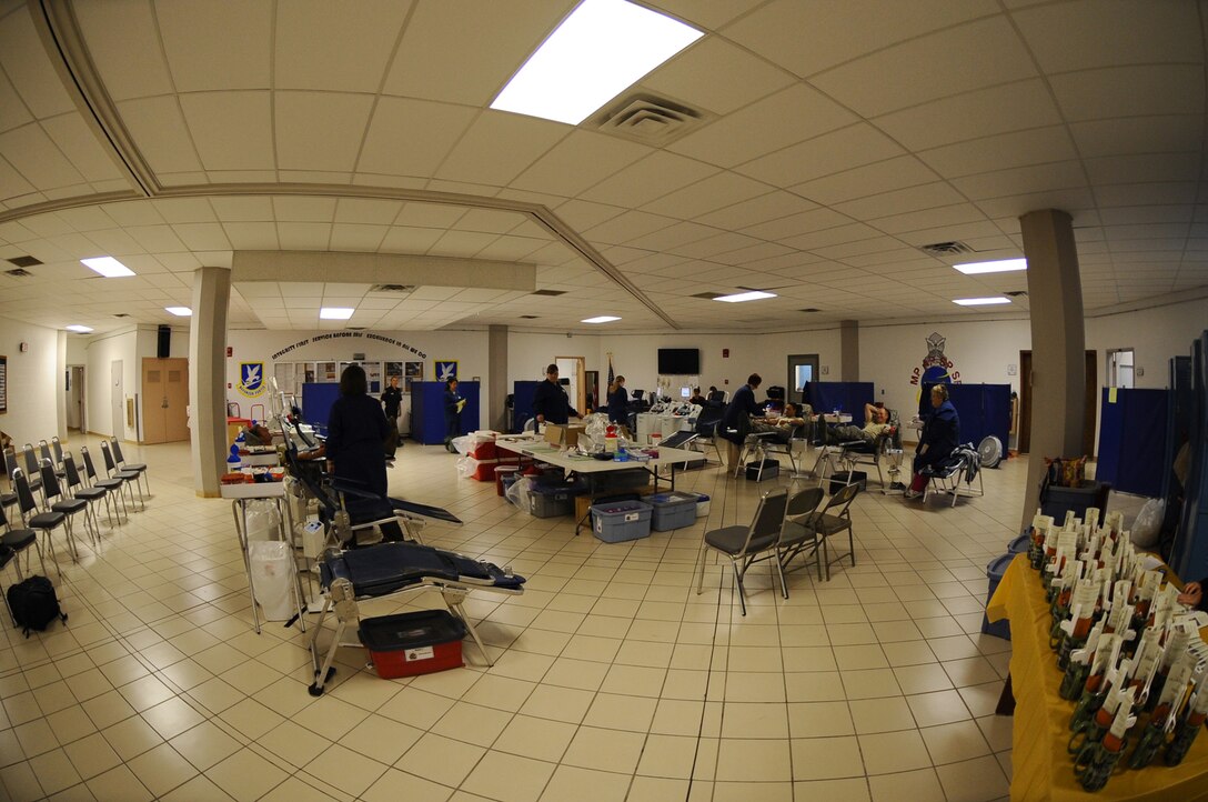 Ellsworth personnel and families participate in Operation: Blood Donation sponsored by United Blood Services here, July 23. Ellsworth donated 186 units of blood exceeding the United Blood Services’ goal by 16. (U.S Air Force photo/Senior Airman Kasey Zickmund)