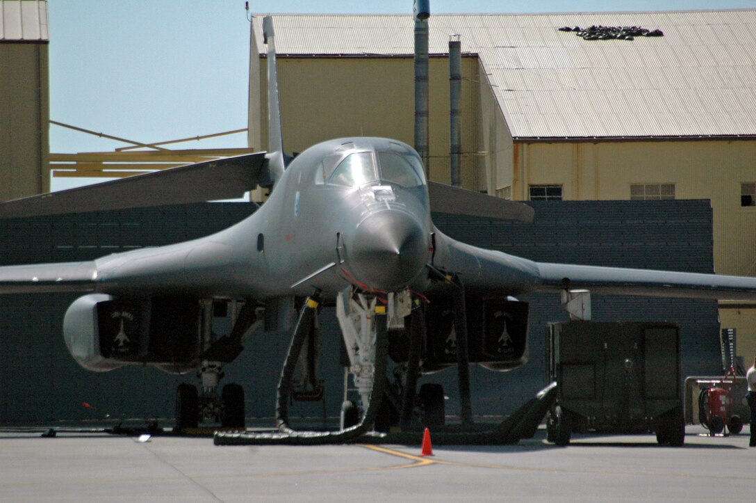 A B-1B Lancer is parked on the flight line here, July 23. The B-1 is a highly versatile, multi-mission weapon system. (U.S. Air Force photo by Cadet Melvin Latimore).

