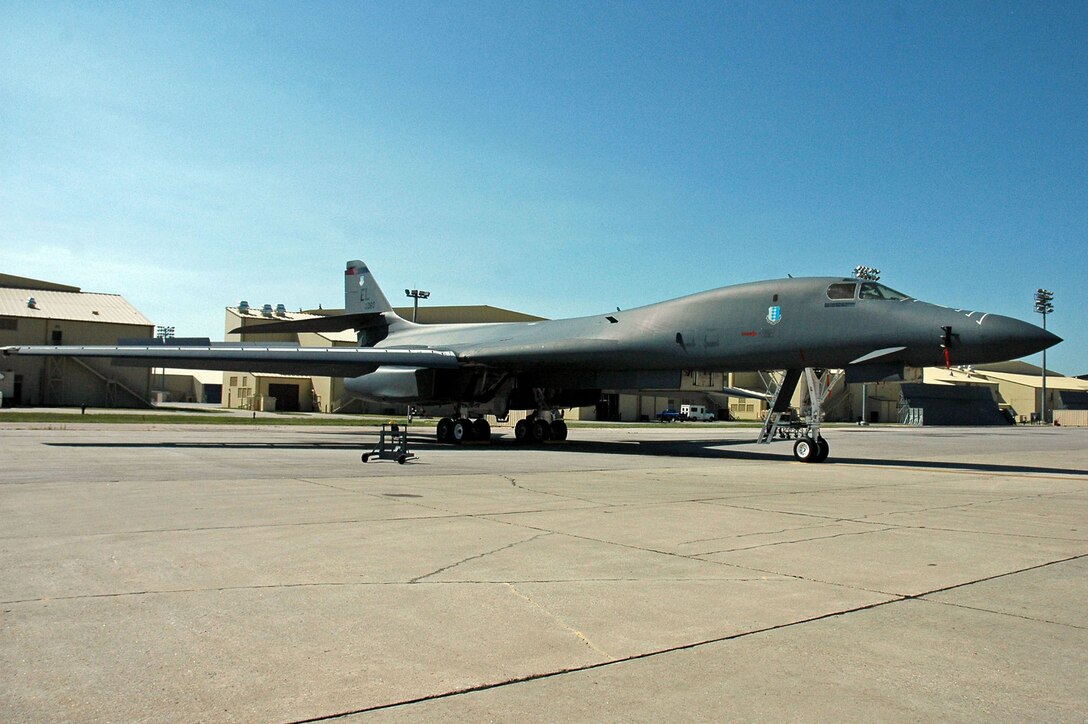 A B-1B Lancer is parked on the flight line here, July 23. Carrying the largest payload of both guided and unguided weapons in the Air Force inventory, the multi-mission B-1 is the backbone of America's long-range bomber force. (U.S. Air Force photo by Cadet Julianne Beall)