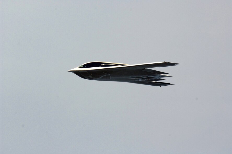 MINOT AIR FORCE BASE, N.D. -- A B-2 Spirit Stealth Bomber performs a fly by during the 2009 Northern Neighbors Day here July 18. Thousands of people turned out to watch the 2009 Northern Neighbors Day.