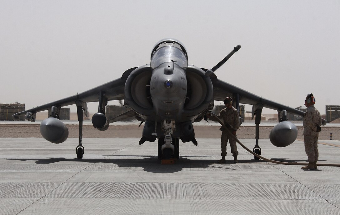 A Marine Attack Squadron 214 AV-8B Harrier receives fuel July 29, 2009, during a rapid refueling test at Camp Bastion in Afghanistan. The squadron also tested its rapid refueling abilities at a forward refuel point with Marine Wing Support Squadron 371 at Camp Bastion in the Helmand Province Aug. 24, 2009. Both squadrons are based in Yuma, Ariz.