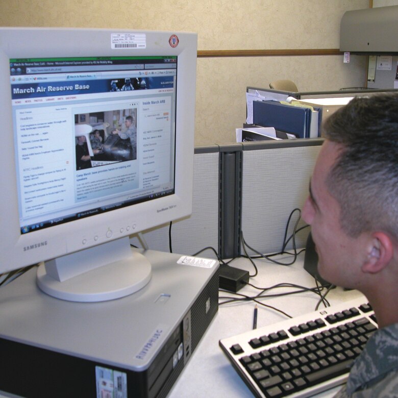 Staff Sgt. Ygnacio Garcia, 452nd AMW Public Affairs information manager, views the March Air Reserve Base web site during the ‘A’ Unit Training Assembly July 12. (U.S. Air Force photo by Megan Just)