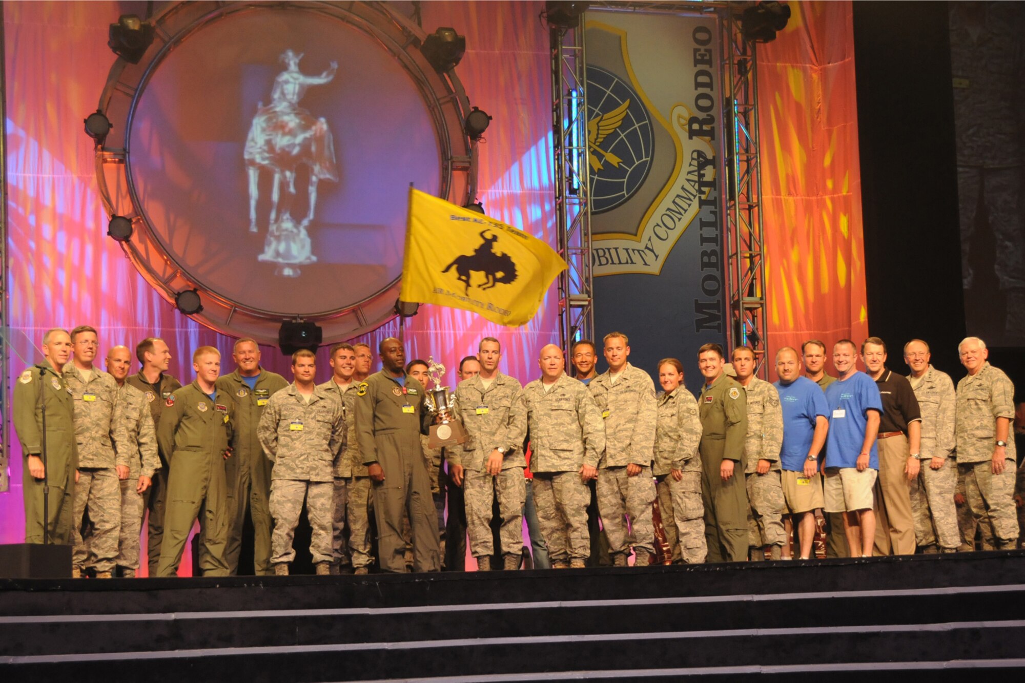 SEYMOUR JOHNSON AIR FORCE BASE, N.C. -- Members of the 916th Air Refueling Wing's RODEO team take their moment in the spotlight with Gen. Arthur Lichte, commander of Air Mobility Command and Lt. Gen. Charles Stenner, commander of Air Force Reserve Command. The blended Reserve and active duty team won Best KC-135 Team at the international competition. (U.S. Air Force photo/TSgt. Scotty Sweatt, 916ARW/PA)