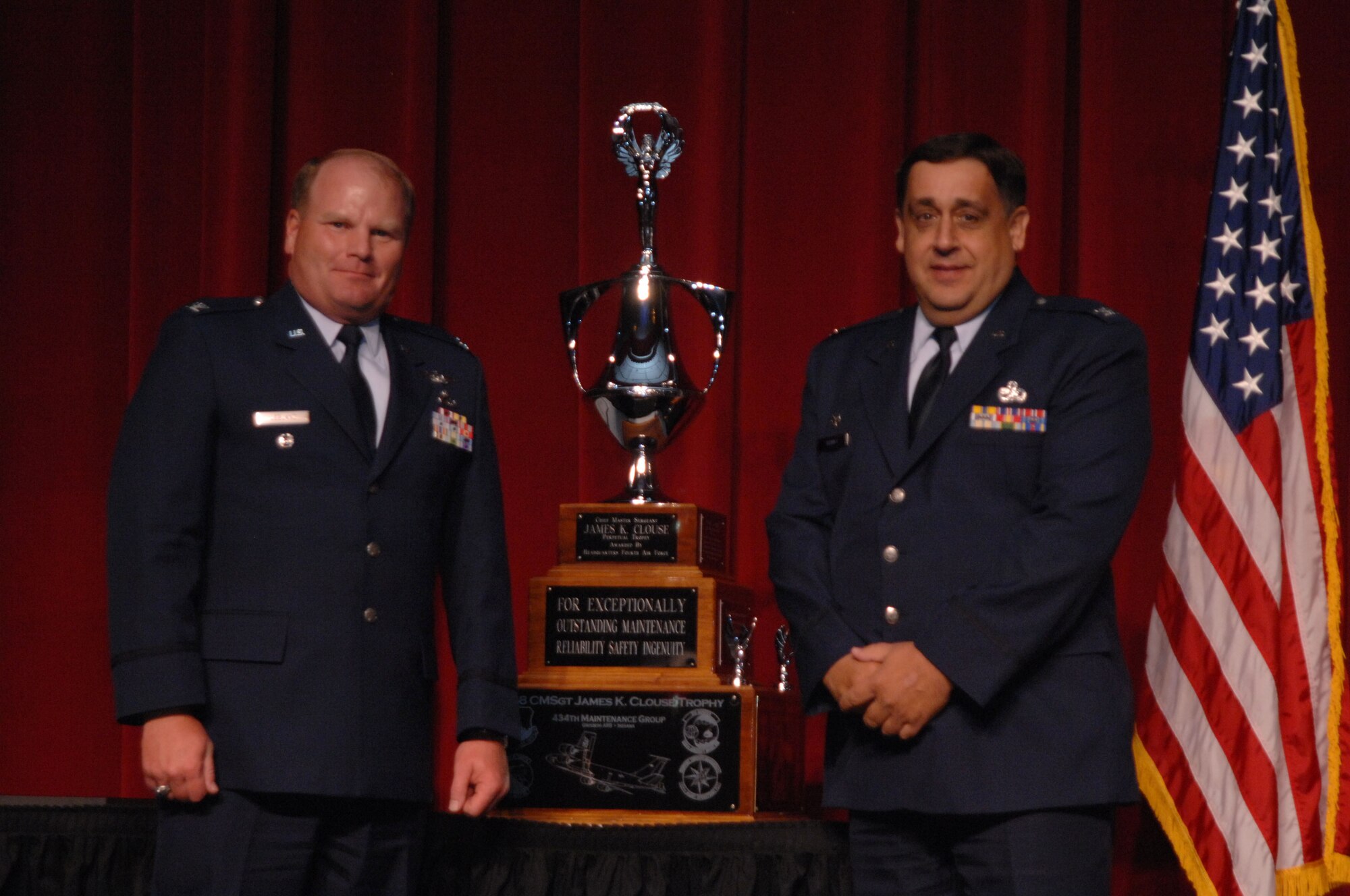 Col. Cam LeBlanc, left, Director of Logistics, Fourth Air Force, presents The Chief Master Sergeant James K. Clouse Trophy for Exceptionally Outstanding Maintenance Reliability to Col. Paul A. Weimer, Commander, 434th Maintenance Group , Grissom Air Reserve Base, Ind.,  during the 11th Annual Raincross Trophy Dinner held July 23, 2009, at the Riverside Convention Center, Riverside, Calilf.. The dinner is hosted by the Greater Riverside Chambers of Commerce Military Affairs Committee to honor and recognize the 11 wings and two groups in 4th Air Force.   (U.S. Air Force photo/Senior Master Sgt. Kim Allain)  (released)