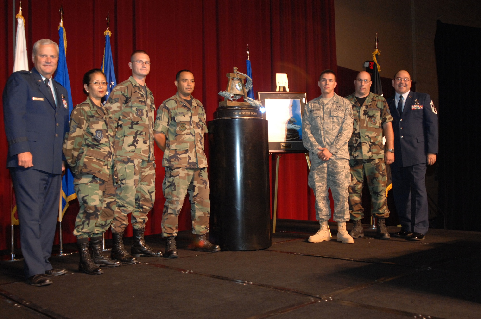 Brig. Gen. James Melin, left, Commander, 452nd Air Mobility Wing, March Air Reserve Base, Calif., and Chief Master Sgt. Agustin Huerta, 452nd AMW Command Chief, far right, pose with members of the 452nd Logistics Readiness Squadron with the Raincross Trophy after it was awarded to the 452nd AMW at the 11th Annual Raincross Trophy Dinner held July 23, 2009, at the Riverside Convention Center, Riverside, Calif. The dinner is hosted by the Greater Riverside Chambers of Commerce Military Affairs Committee to honor and recognize the 11 wings and two groups in 4th Air Force.  (U.S. Air Force photo/Senior Master Sgt. Kim Allain)  (released)