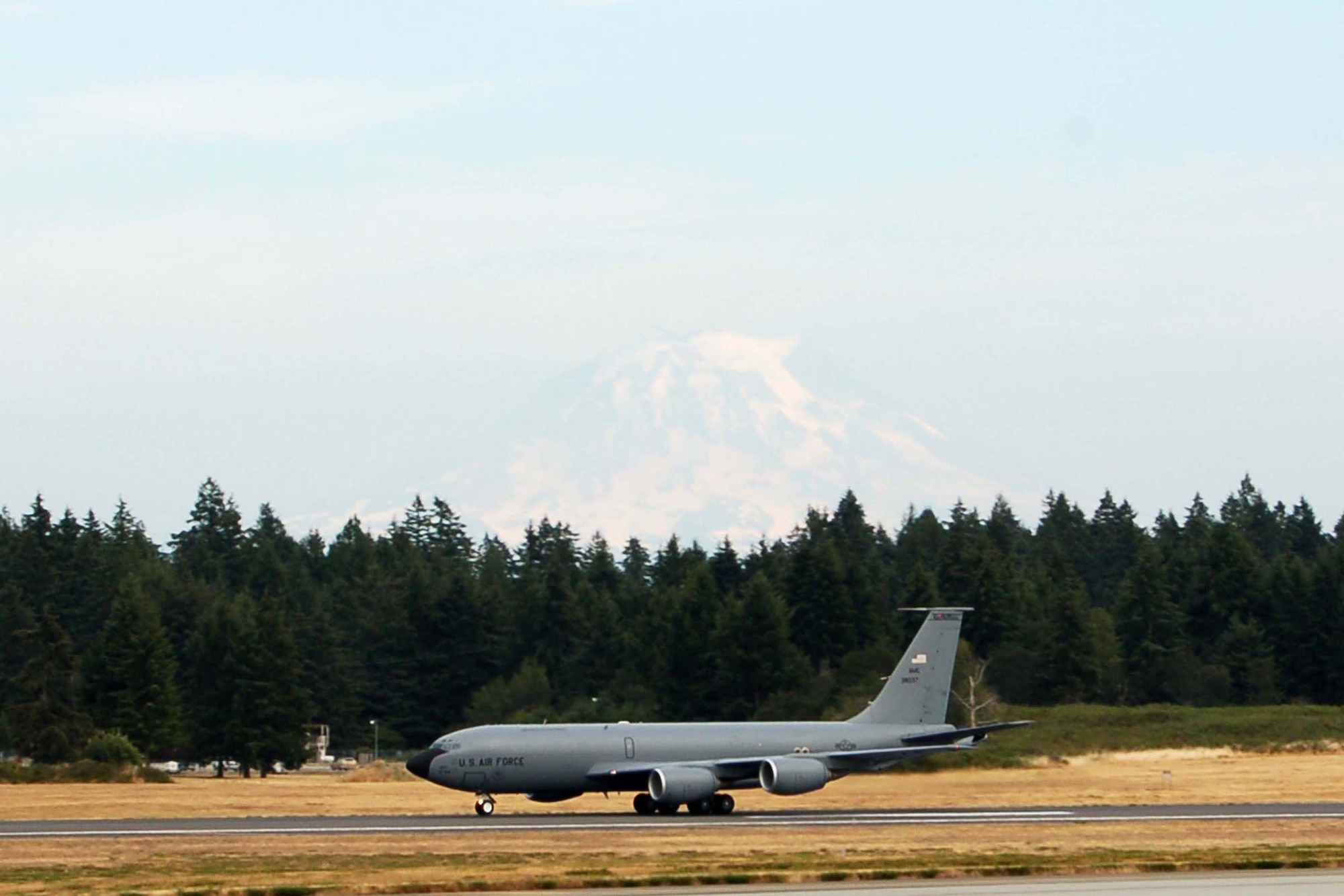 A Grand Forks Air Force Base KC-135 takes off from McChord AFB, Wash., July 21 during the Air Mobility RODEO competition. RODEO is an international combat skills and flying operations competition designed to develop and improve techniques and procedures that enhance air mobility operations and to promote esprit de corps, optimizing mobility partnerships.  (U.S. Air Force photo/Tech. Sgt. Amanda Callahan)