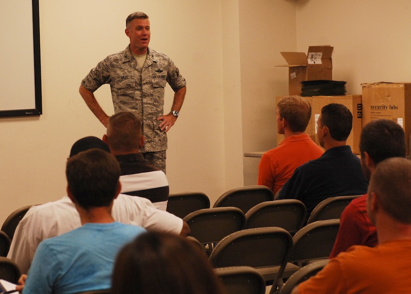 Col. Robert Gass, 7th Bomb Wing commander, opens the individual ready reserve muster here June 25 by welcoming all IRR members and thanking them for coming to the one-day event. The muster included briefings from reserve recruiters encouraging IRR members to join the Reserves. (U.S. Air Force photo by Airman 1st Class Chelsea L. White)