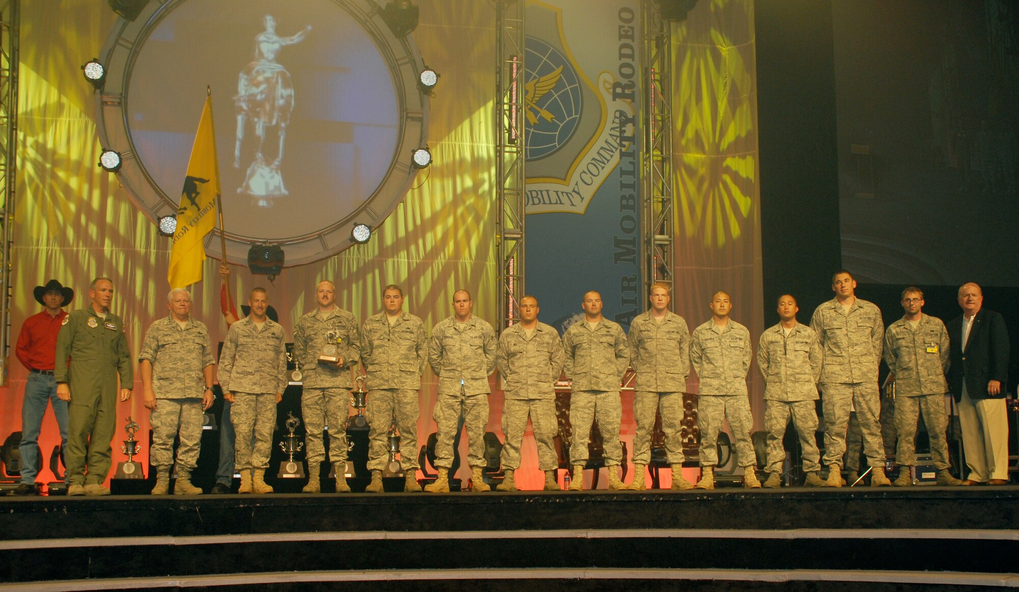 MCCHORD AIR FORCE BASE, Wash. -- Gen. Arthur J. Lichte, Air Mobility
Command, commander (second from left), stands with members of the 374th
Airlift Wing from Yokota Air Base, Japan, as they win the Knucklebuster
Award during the closing ceremonies July 24 at the Air Mobility Rodeo 2009
here. The biennial Rodeo, sponsored by the Air Mobility Command, is the
Mobility Air Force's readiness competition. This competition focuses on
improving worldwide air mobility forces' professional core abilities. This
year the Rodeo ran from July 19 to 25, and more than 100 teams and 2,500
people from the Air Force, Air Force Reserve, and allied nations
participated. (U.S. Air Force photo/Staff Sgt. Carolyn Viss)