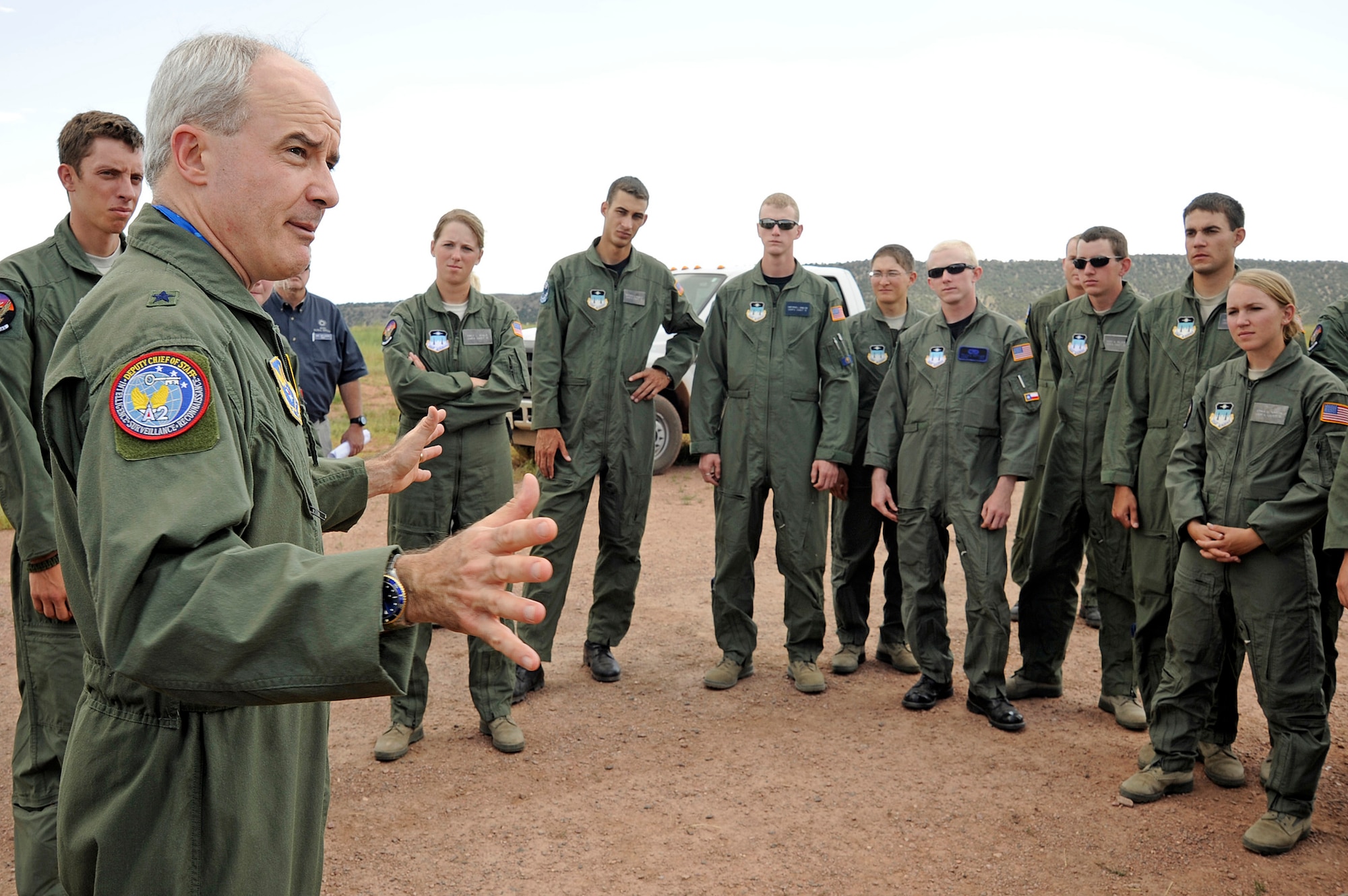 Brig. Gen. James O. Poss briefs the 25 cadets that make up the initial training class on the U.S Air Force Academy's Viking 300 unmanned aircraft systems July 22 at Fort Carson, Colo. General Poss is the director of intelligence, surveillance and reconnaissance capabilities, and the deputy chief of staff for ISR at the Pentagon. (U.S. Air Force photo/Mike Kaplan)