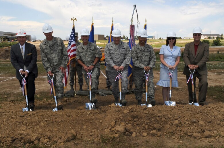 BUCKLEY AIR FORCE BASE, Colo. – Breaking ground on the new Air Force Reserve Personnel Center facility Jul. 24 are (from left to right): Kevin Lindsey, Omaha District Corps of Engineers area engineer; Lt.Col. Thomas Niichel, 460th Civil Engineer Squadron; Brig Gen Kevin Pottinger, Air Force Reserve Personnel Center commander; Lt. Gen. Charles Stenner, commander of Air Force Reserve Command; Col. Ariel Barredo, 460th Space Wing individual mobility augmentee; Lisa Tippin, Air Force Reserve Personnel Center project manager and lead for design team structure, Frankfurt-Short-Bruza Associates, and Kenneth Anderson, vice president of FourFront Design. The new $17 million ARPC building should be completed by 2011. (U.S. Air Force photo by Senior Airman John Easterling)