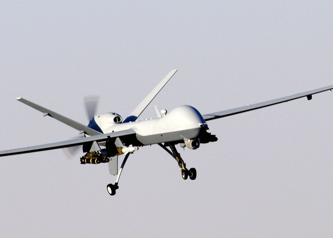 A MQ-9A Reaper unmanned aerial vehicle prepares to land after a mission in support of Operation Enduring Freedom in Afghanistan. The Reaper has the ability to carry both precision-guided bombs and air-to-ground missiles. (U.S. Air Force photo/Staff Sgt. Brian Ferguson) 
