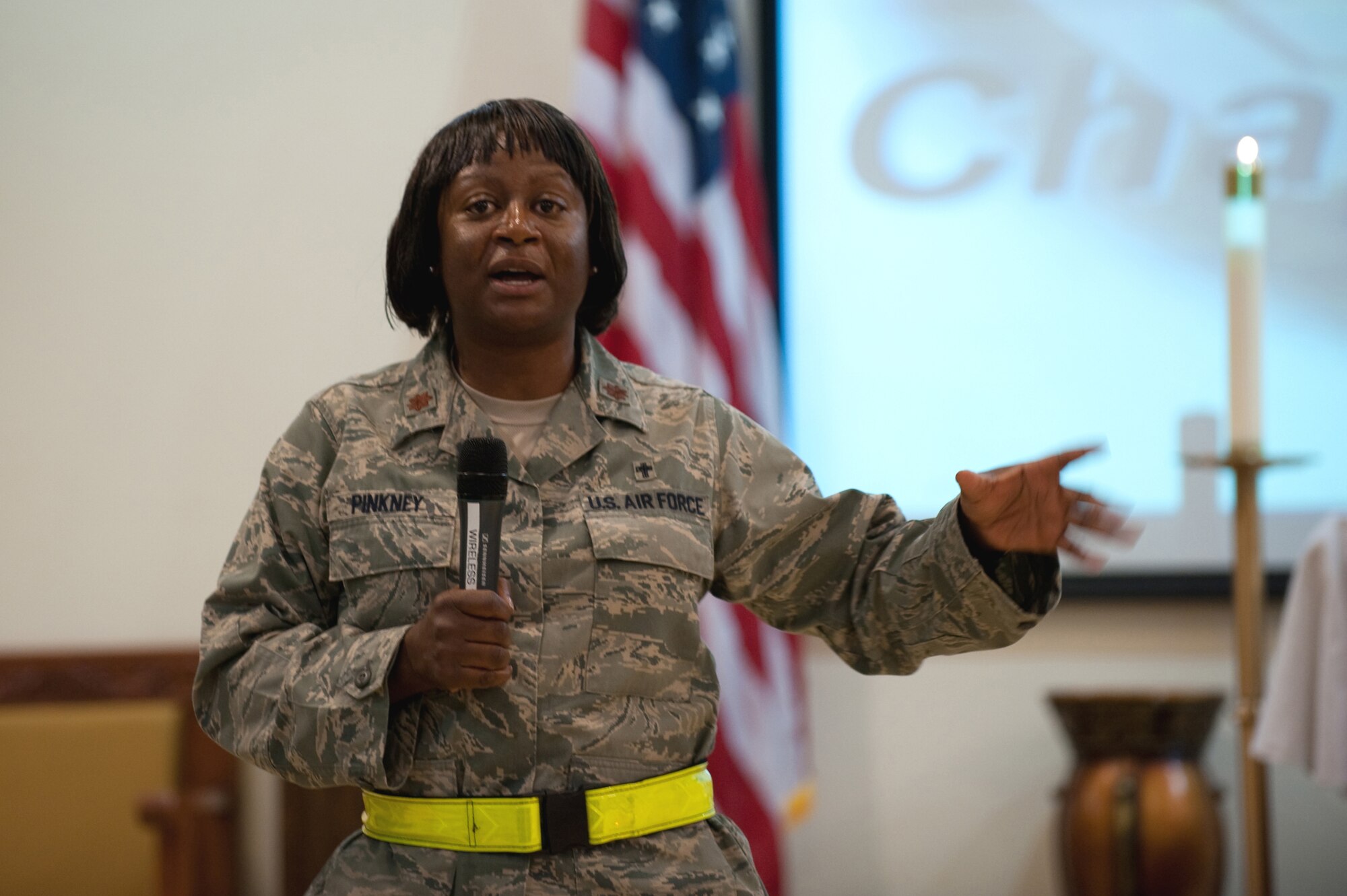 Chaplain (Maj.) Josephine Pinkney, 379th Air Expeditionary Wing Senior Protestant chaplain, speaks to military personnel at the 379 AEW Victory Chapel, July 19, in Southwest Asia. The Victory Chapel is open 24/7, ensuring servicemembers have the freedom to exercise their religious beliefs while deployed in support of Operations Iraqi and Enduring Freedom. (U.S. Air Force Photo/Staff Sgt. Robert Barney)