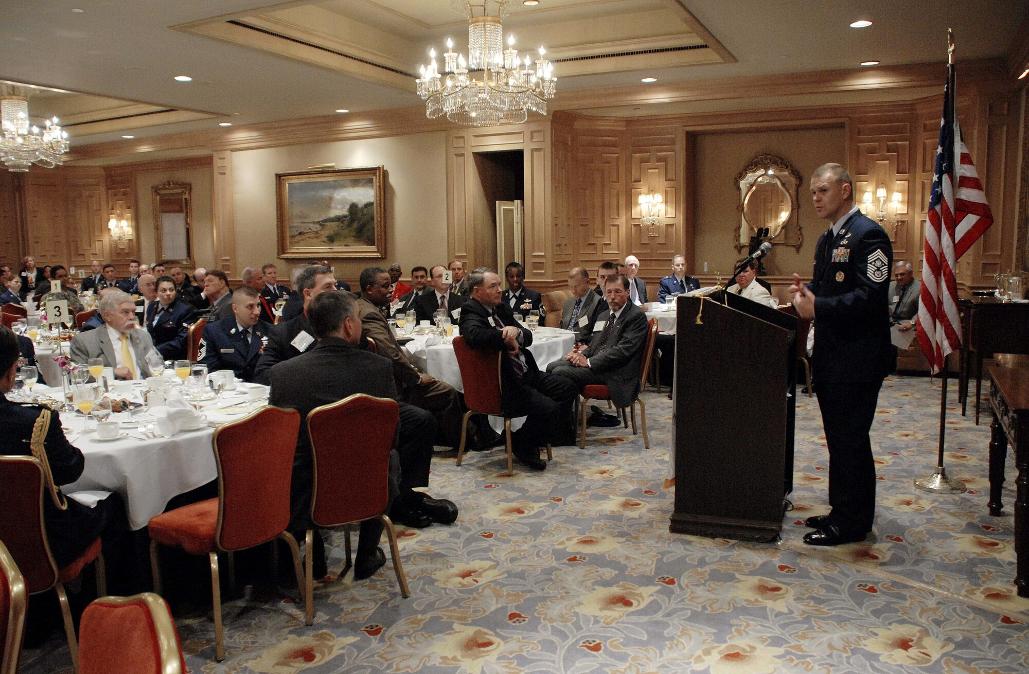 Chief Master Sgt. of the Air Force James A. Roy gives a speech July 28 in Washington D.C. during an Air Force Association breakfast honoring him. Chief Roy used the event to talk about the educational opportunities afforded to him and many Airmen around the world and thanked the association for its support to Airmen and their families. (U.S. Air Force photo/Master Sgt. Stan Parker)
