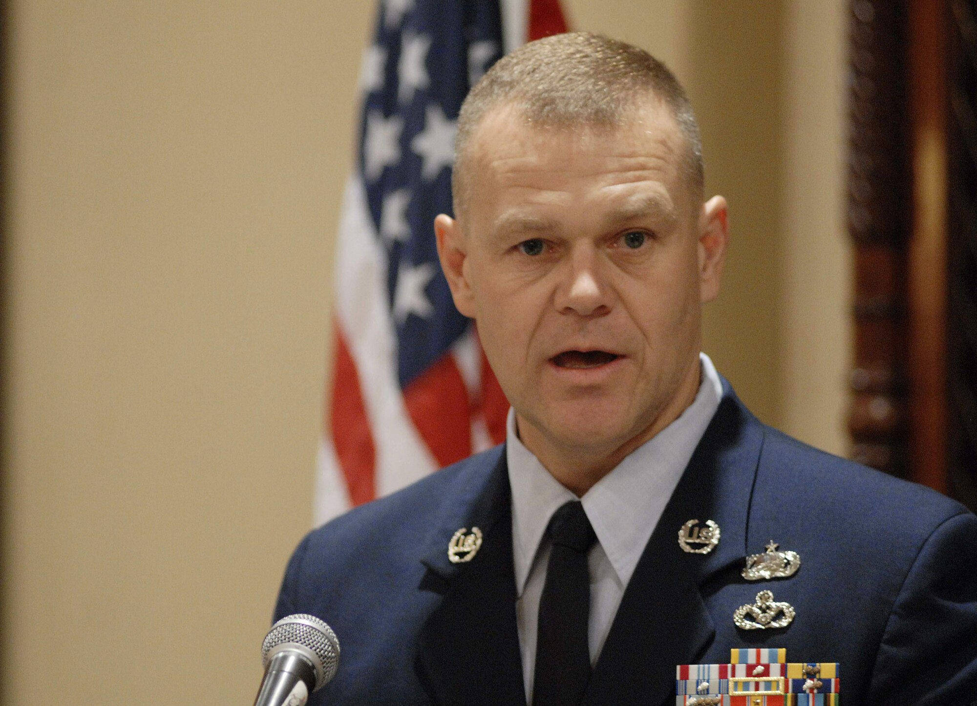 Chief Master Sgt. of the Air Force James A. Roy gives a speech July 28 in Washington D.C. during an Air Force Association breakfast honoring him. Chief Roy used the event to talk about the educational opportunities afforded to him and many Airmen around the world and thanked the association for its support to Airmen and their families. (U.S. Air Force photo/Master Sgt. Stan Parker)