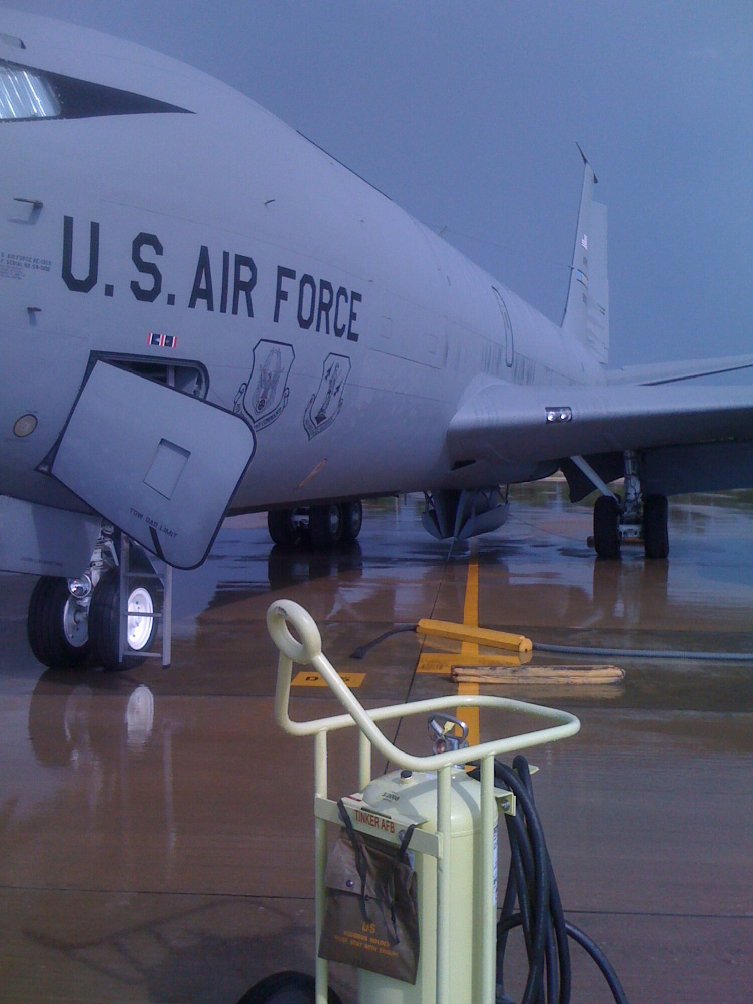 High winds struck Tinker Air Force Base July 16 and moved several 507th ARW KC-135 aircraft parked on the ramp. The fueled aircraft weighed approximately 175 to 180,000 pounds.  In this picture you can see the nose gear slid several feet to the side of the yellow center line during the storm's estimated 74 mph winds.  