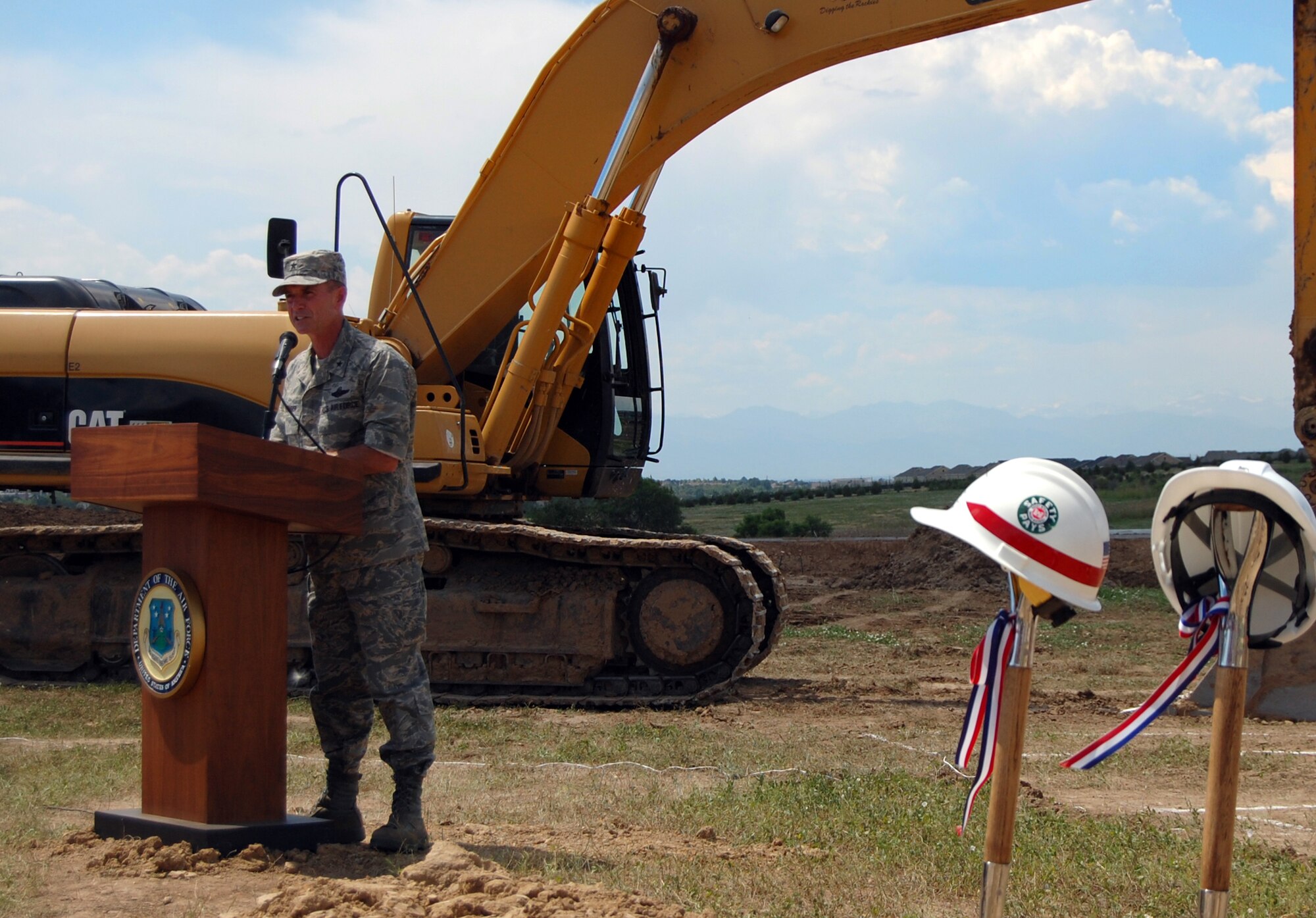 Brig. Gen. Kevin Pottinger, ARPC commander, speaks during the groundbreaking ceremony for ARPC's new building at Buckley Air Force Base on July 23. The ceremony marked the beginning of an estimated $17 million, two-year construction project to build a new facility for ARPC. (U.S. Air Force photo/Ellen Edwards) 