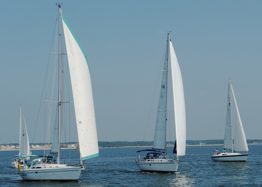 LANGLEY AIR FORCE BASE, Va. -- Several ships await the signal to start the race here July 25. These boats are participating in the Veteran's Cup 2009 Sailing Regatta, a sailboat race held in the Chesapeake Bay. This event is put together and run by the Langley Yacht Club.  (U.S. Air Force photo/Airman 1st Class Jonathan Koob)
