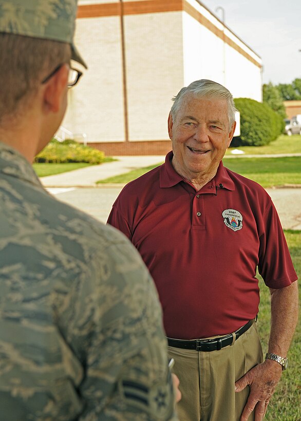 LANGLEY AIR FORCE BASE, Va. -- Bob Gaylor, fifth Chief Master Sgt. of the Air Force, is interviewed by Airman 1st Class Jason Brown, 1st Fighter Wing Public Affairs journalist, here July 24. Chief Gaylor is touring Langley, and speaking to Airmen about the Air Force and how to keep your self motivated. (U.S. Air Force photo/Airman 1st Class Jonathan Koob)