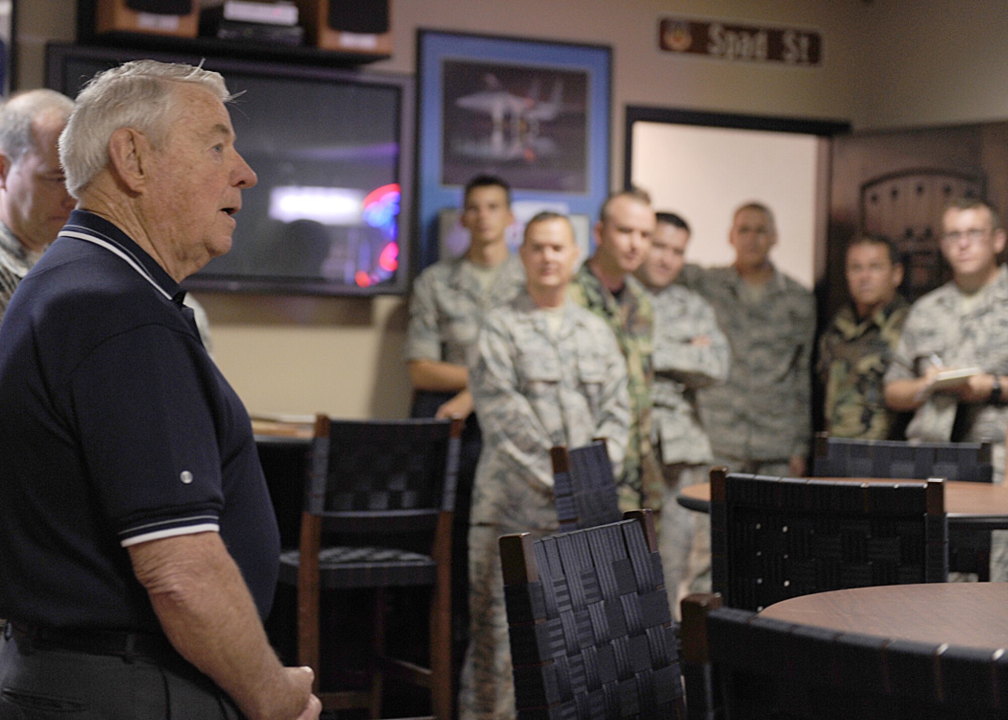 LANGLEY AIR FORCE BASE, Va. -- Bob Gaylor, fifth Chief Master Sgt. of the Air Force, speaks to Airmen from the 71st Fighter Squadron here July 23. Chief Gaylor is touring Langley, and speaking to Airmen about the Air Force and how to keep your self motivated. (U.S. Air Force photo/Airman 1st Class Jonathan Koob)