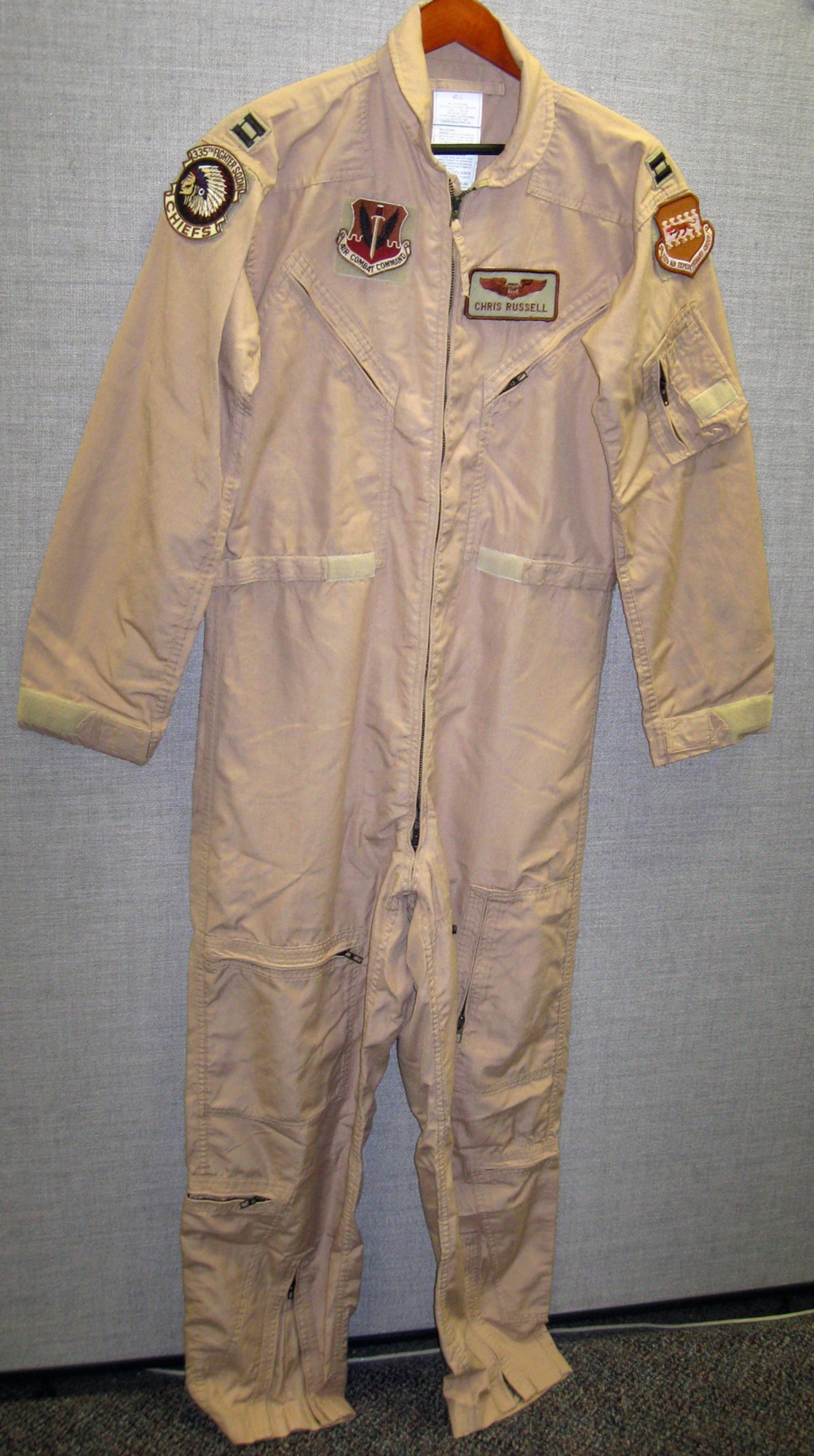 These coveralls were worn by the donor, who flew an emergency close air support mission on March 4, 2002, in his F-15E to defend the Special Operations team on the mountain Takur Ghar in Afghanistan. (U.S. Air Force photo)