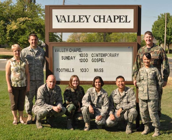 From left to right:Ms Leila Ashby, Chaplain Christian Biscotti, 2nd Lt Phillip Smith, Airman 1st Class Shera Schmitt, Staff Sgt April Castro, Chaplain Myung Cho, Staff Sgt Romeriza Miguel and Chaplain George Youstra.(Photo by Senior Airman Jonathan Fowler)