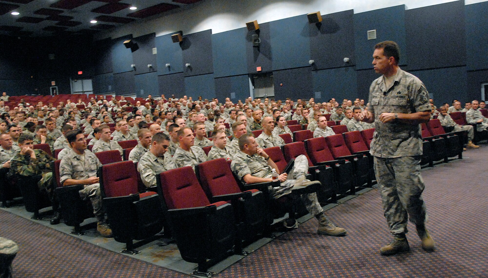 Chief Master Sgt. Robert Tappana, Air Education and Training Command command chief master sergeant, speaks at one of two Enlisted Calls July 24 at Sheppard. He addressed Air Force issues such as leadership and the value of a team. (U.S. Air Force photo/ Mike Litteken)