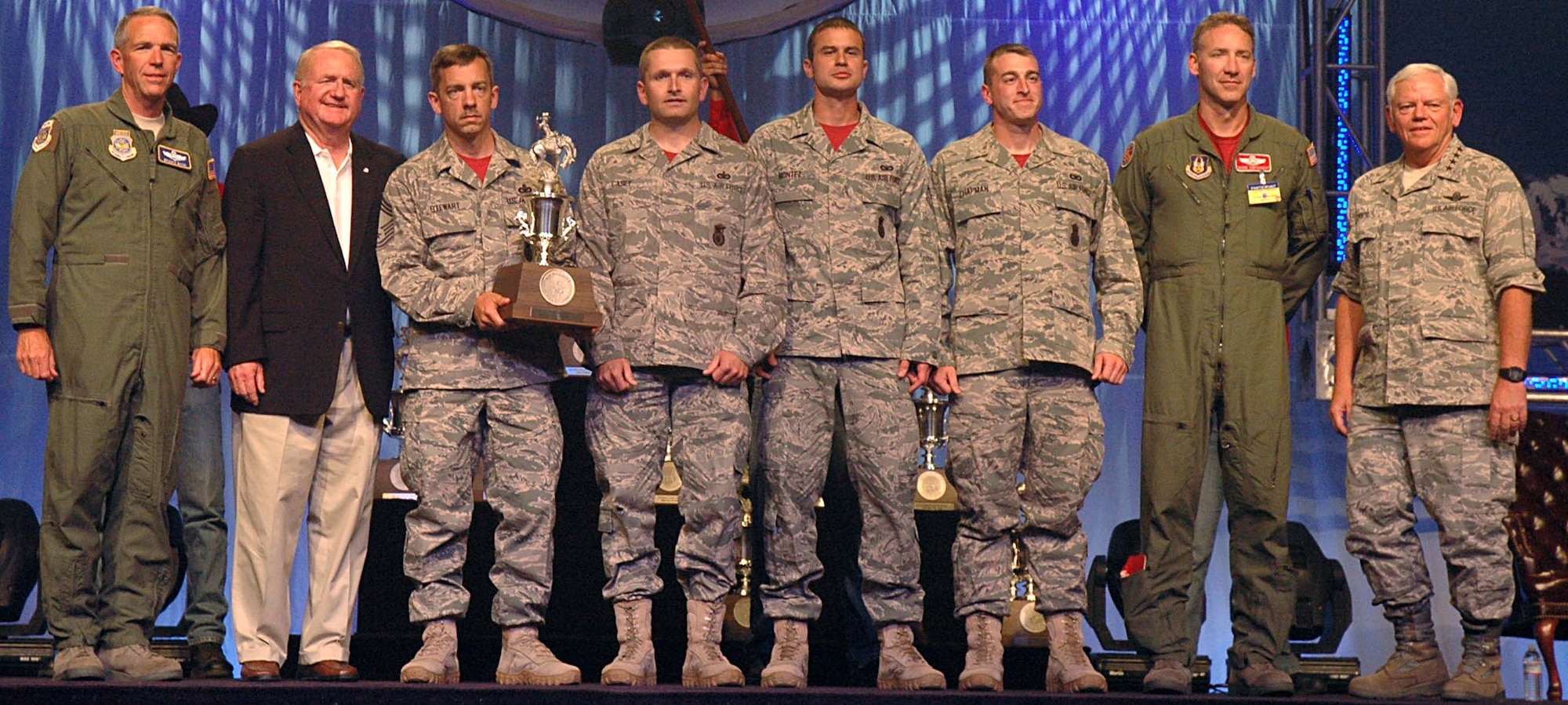 The 446th Airlift Wing's Security Forces team takes the Best Security Forces Team award at the closing ceremonies for Air Mobility Command's Rodeo 2009, July 24, McChord Air Force Base, Wash. The 446th AW is an Air Force Reserve unit at McChord. The security forces team competed against 29 other teams to win the trophy.  (Air Force photo/Airman 1st Class Patrick Cabellon)
