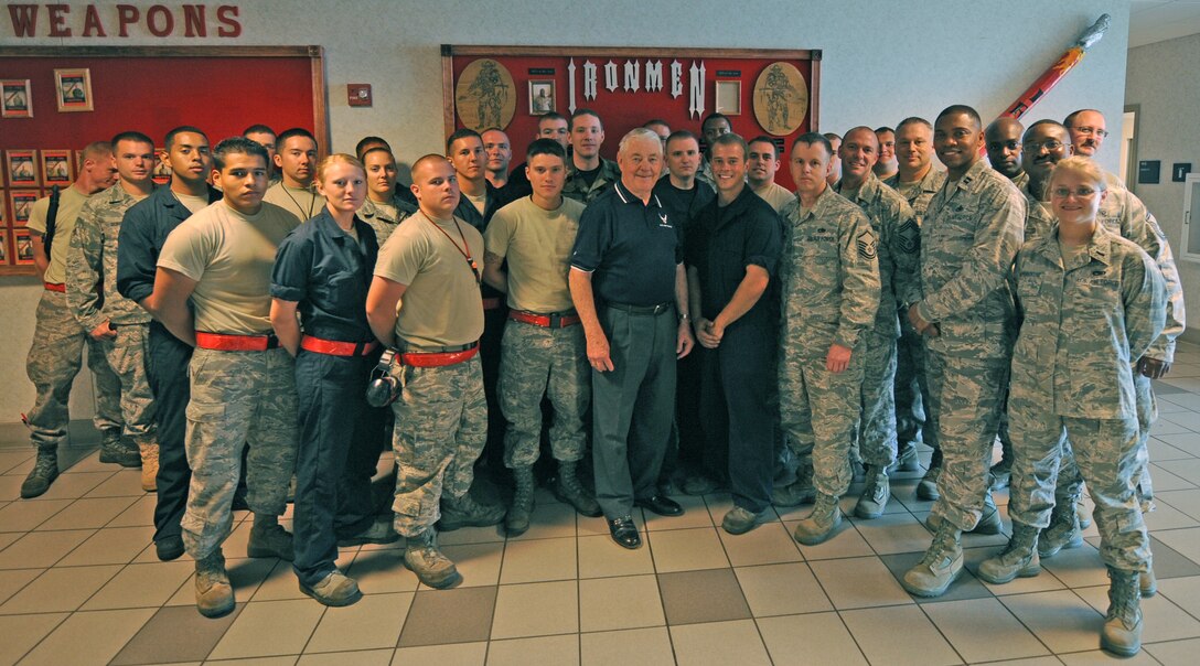 LANGLEY AIR FORCE BASE, Va. -- Bob Gaylor, 5th Chief Master Sgt. of the Air Force, takes a group photo with the 71st Fighter Squadron here July 23. Chief Gaylor is touring Langley, and speaking to Airmen about the Air Force and how to keep your self motivated. (U.S. Air Force photo/Airman 1st Class Jonathan Koob)