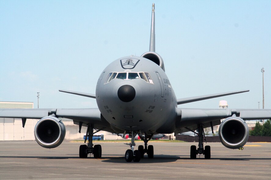 A KC-10 Extender from the 60th Air Mobility Wing, Travis Air Force Base, Calif., taxis for a flight at McChord AFB, Wash., July 25, 2009.  The KC-10 is one of the Air Mobility Command's main air refuleing planes that helps provide "global reach" and the Air Force to "fly, fight and win...in air, space and cyberspace."  (U.S. Air Force Photo/Tech. Sgt. Scott T. Sturkol)