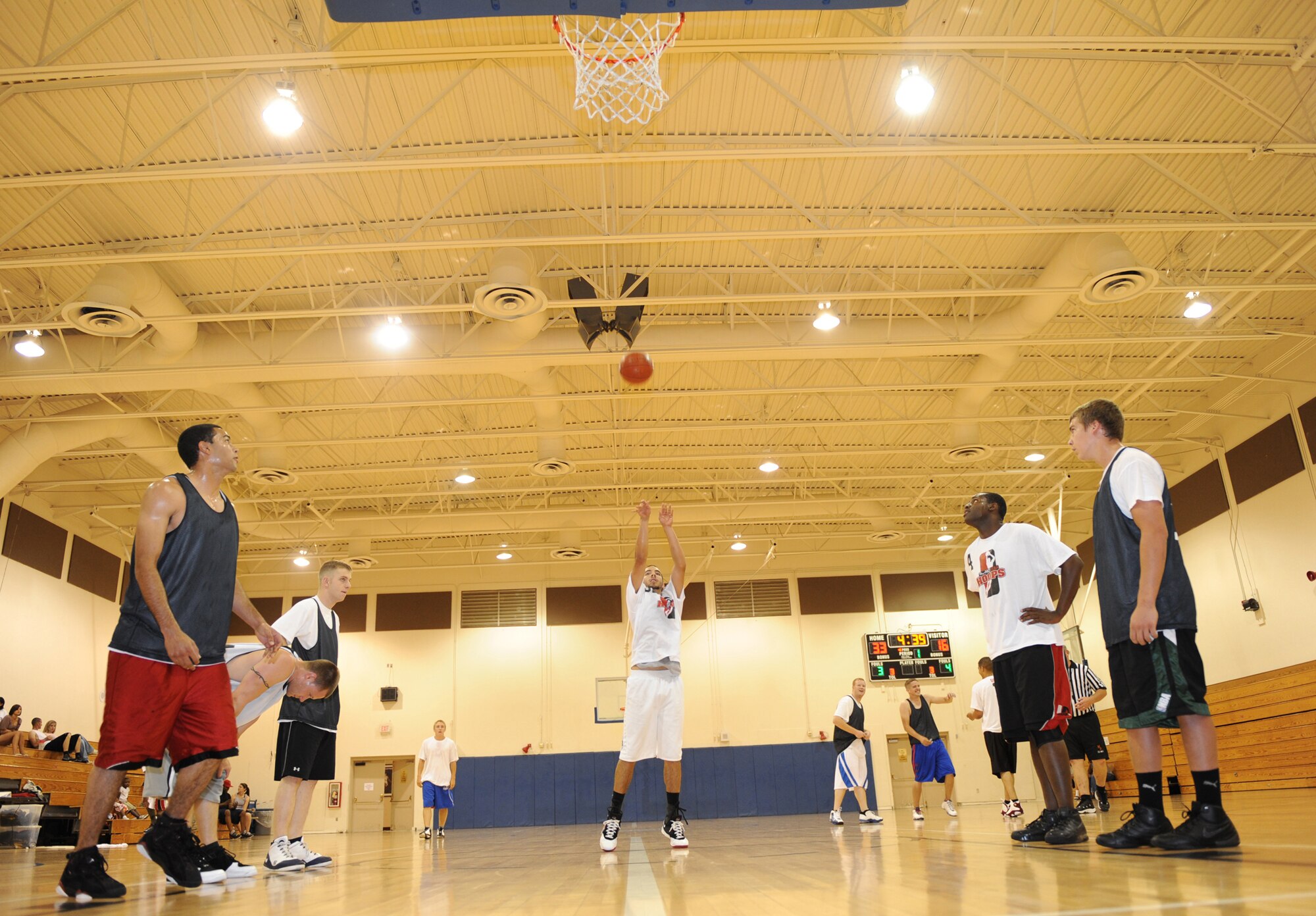 MOUNTAIN HOME AIR FORCE BASE, Idaho--Alex Campbell, The Goonies, shoots a free throw during a base summer league basketball game at the Gunfighter Fitness Center July 23. The Goonies beat the Hawks 62-55 and remain undefeated. (U.S. Air Force photo by Airman 1st Class Renishia Richardson)