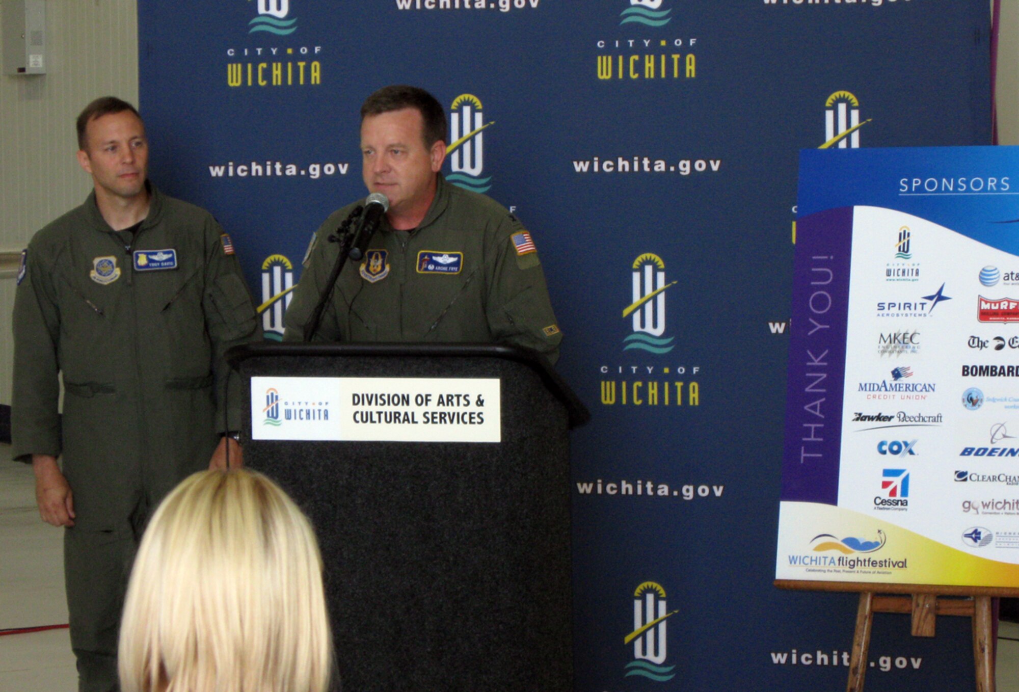 Col. Edsel "Archie" Frye Jr. speaks during a press conference in Wichita, Kan., in mid-July about the Air Force's support of the Wichita Flight Festival. Colonel Frye is a Reservist and commander of the 931st Air Refueling Group at McConnell Air Force Base, Kan. The Flight Festival is scheduled for August 22-24 at Colonel James Jabara Airport in Wichita. (U.S. Air Force photo/Lt. Col. David Fruck)