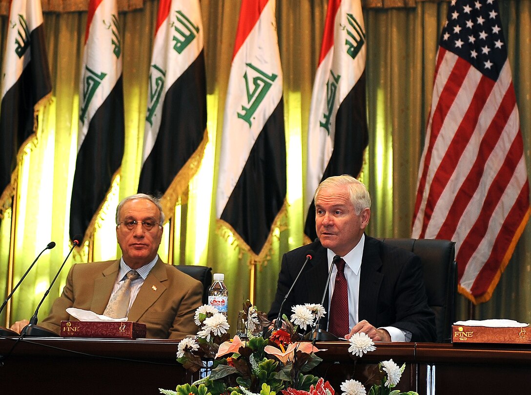 Iraqi Minister of Defense Jawad al-Bolani and U.S. Defense Secretary Robert M. Gates answers questions at a press event after holding an office visit in the international zone of Baghdad, July 28, 2009.