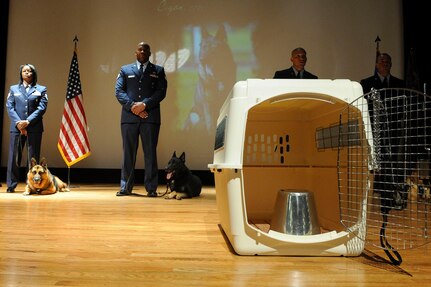 Members of Team Charleston gathered together for a memorial service at Charleston AFB July 24 for Cigan, a military working dog who died of lyphoma at the age of 10. Cigan was assigned to Charleston AFB in 2001 and was recently training with his handler, Staff Sgt. Justin Langley, for a deployment to Afghanistan. The memorial service was followed by a procession to the burial site led by the Patriot Guard Riders at the Military Working Dog Kennel on base. (U.S. Air Force photo/Airman 1st Class Alex Hoachlander)