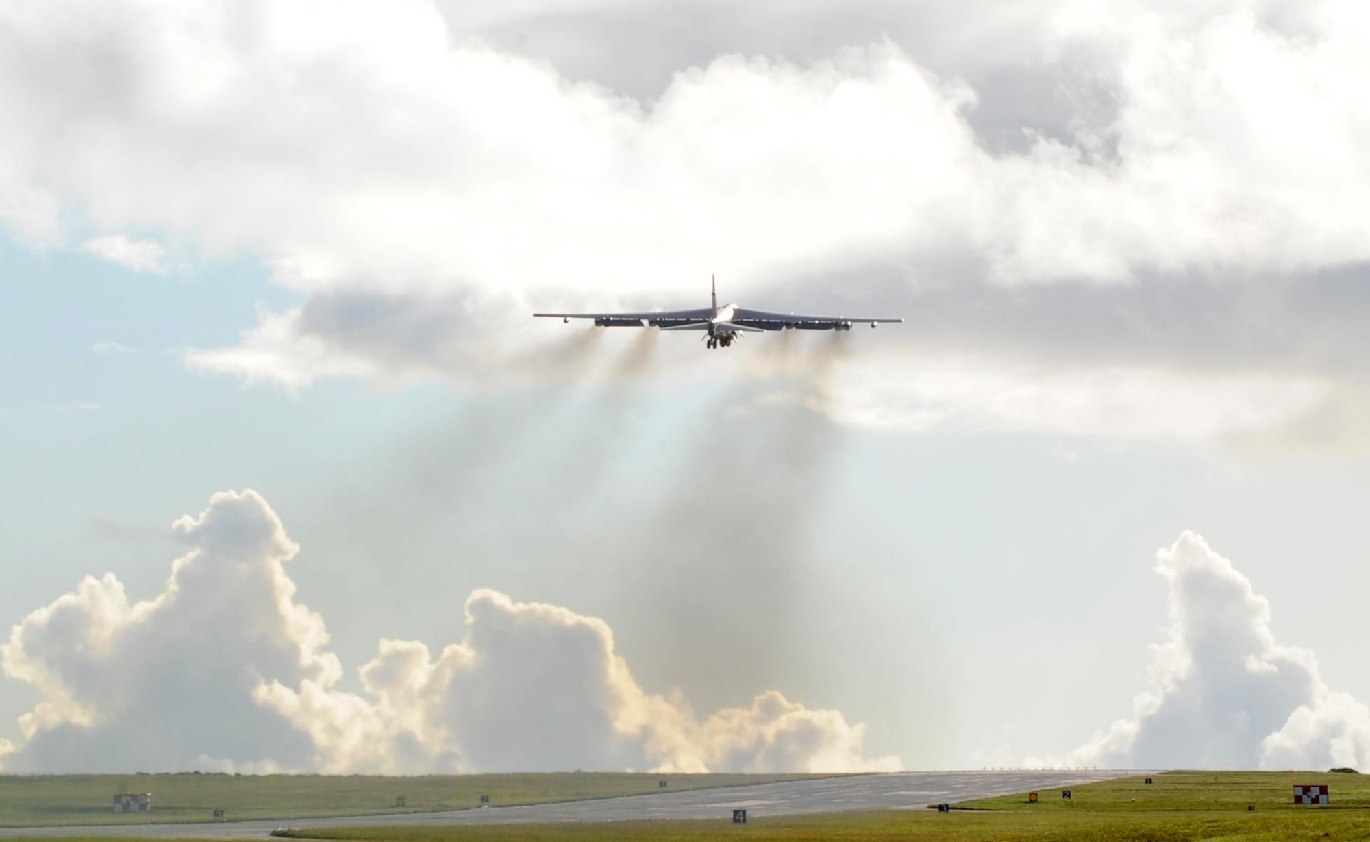 A B-52 Stratofortress from the 96th Expeditionary Bomb Squadron takes off July 24 from Andersen Air Force Base, Guam. The B-52s completed 10 sorties flying more than 110 hours while participating in Talisman Saber 2009, a joint and coalition exercise that ran July 15 through 24. The B-52s are deployed from Barksdale AFB, La., to support U.S. Pacific Command's continuous bomber presence in the Asia-Pacific region. (U.S. Air Force photo/Senior Airman Christopher Bush) 