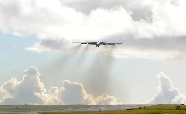 A B-52 Stratofortress from the 96th Expeditionary Bomb Squadron takes off July 24 from Andersen Air Force Base, Guam. The B-52s completed 10 sorties flying more than 110 hours while participating in Talisman Saber 2009, a joint and coalition exercise that ran July 15 through 24. The B-52s are deployed from Barksdale AFB, La., to support U.S. Pacific Command's continuous bomber presence in the Asia-Pacific region. (U.S. Air Force photo/Senior Airman Christopher Bush) 