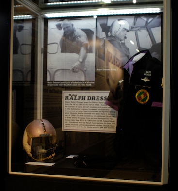 DAYTON, Ohio - A helmet and party suit on display in the Maj. Ralph Dresser case in the Down in the Weeds: Ranch Hand exhibit in the Southeast Asia War Gallery at the National Museum of the U.S. Air Force. (U.S. Air Force photo)
