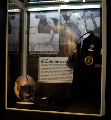 DAYTON, Ohio - A helmet and party suit on display in the Maj. Ralph Dresser case in the Down in the Weeds: Ranch Hand exhibit in the Southeast Asia War Gallery at the National Museum of the U.S. Air Force. (U.S. Air Force photo)