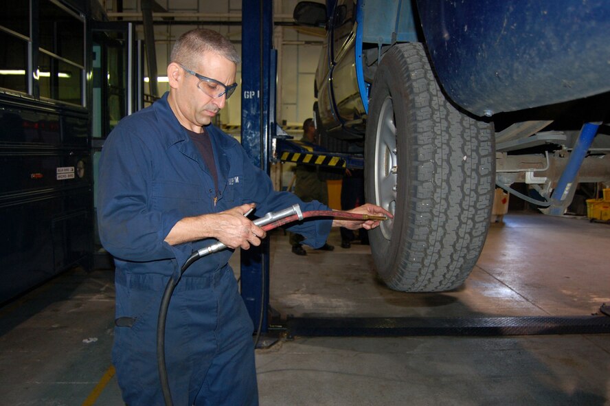 WRIGHT-PATTERSON AIR FORCE BASE, Ohio - Tech. Sgt. Angel Gonzalez, 445th Logistics Readiness Squadron vehicle maintenance, checks the air pressure on a vehicle at Royal Air Force Mildenhall, United Kingdom.  Approximately 60 individuals from the 445 LRS performed their annual training at Mildenhall July 11-25. (U. S. Air Force photo/Maj. Jose A. Cardenas)