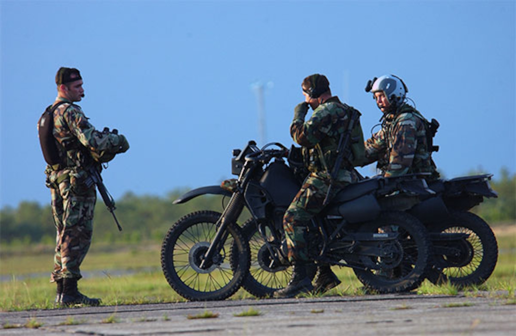 Air Force combat controller teams from the 720th Special Tactics Group sit astride their specially modified motorcycles while training at Hurlbert Field Air Force Base, Florida. The motorcycle’s military heritage began in World War I and has continued throughout military history. (Air Force photo/Lt. Gabe Johnson)
