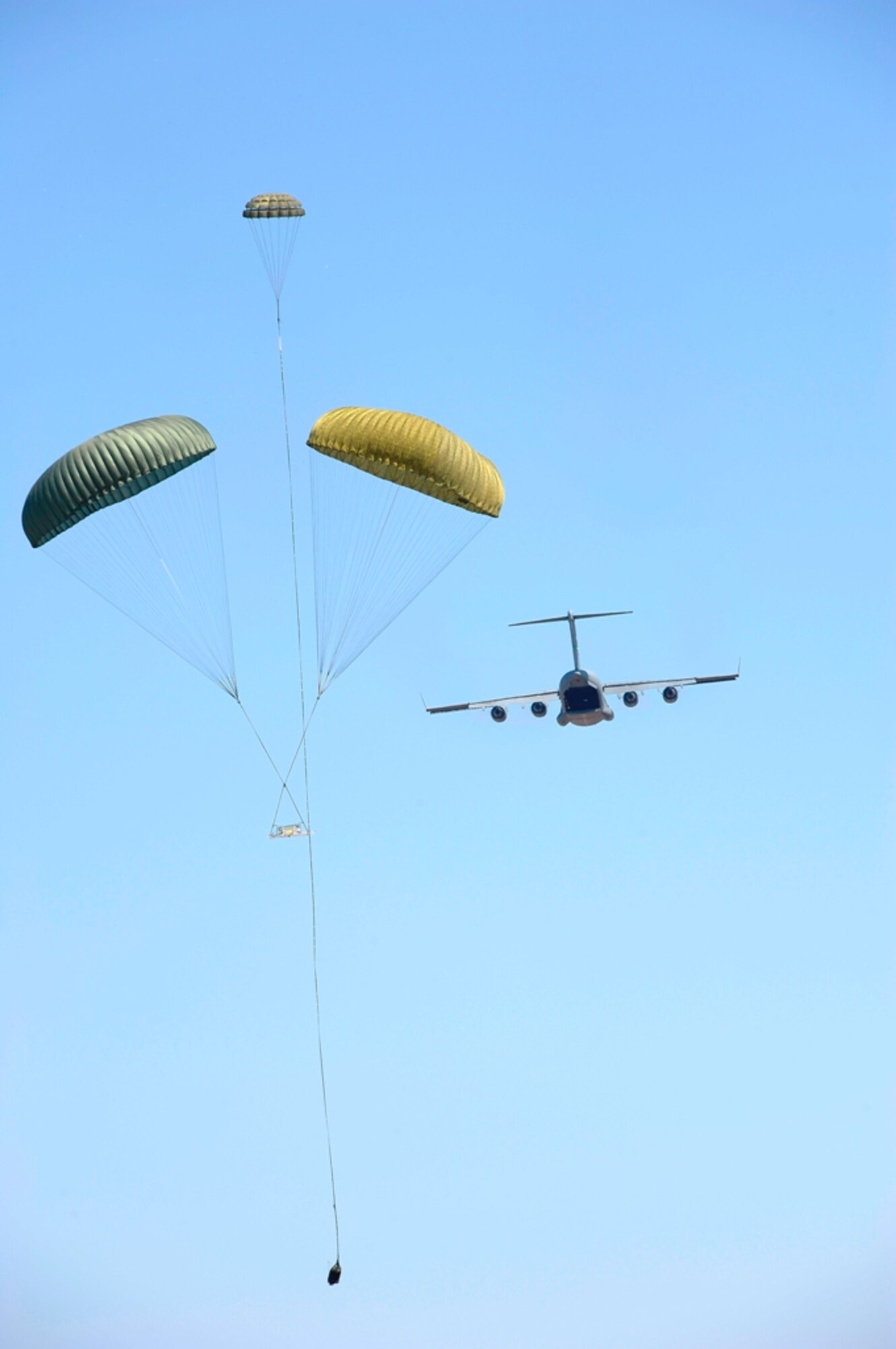 Two pallets are deployed from a C-17 Globemaster III aircraft during an air drop competition as part of Air Mobility RODEO 2009 at the Yakima Training Center in Yakima, Wash., July 21, 2009. RODEO is an international combat skills and flying operations competition designed to develop and improve techniques and procedures with international partners to enhance mobility operations. (U.S. Air Force Photo/Senior Airman Dayton Mitchell) 