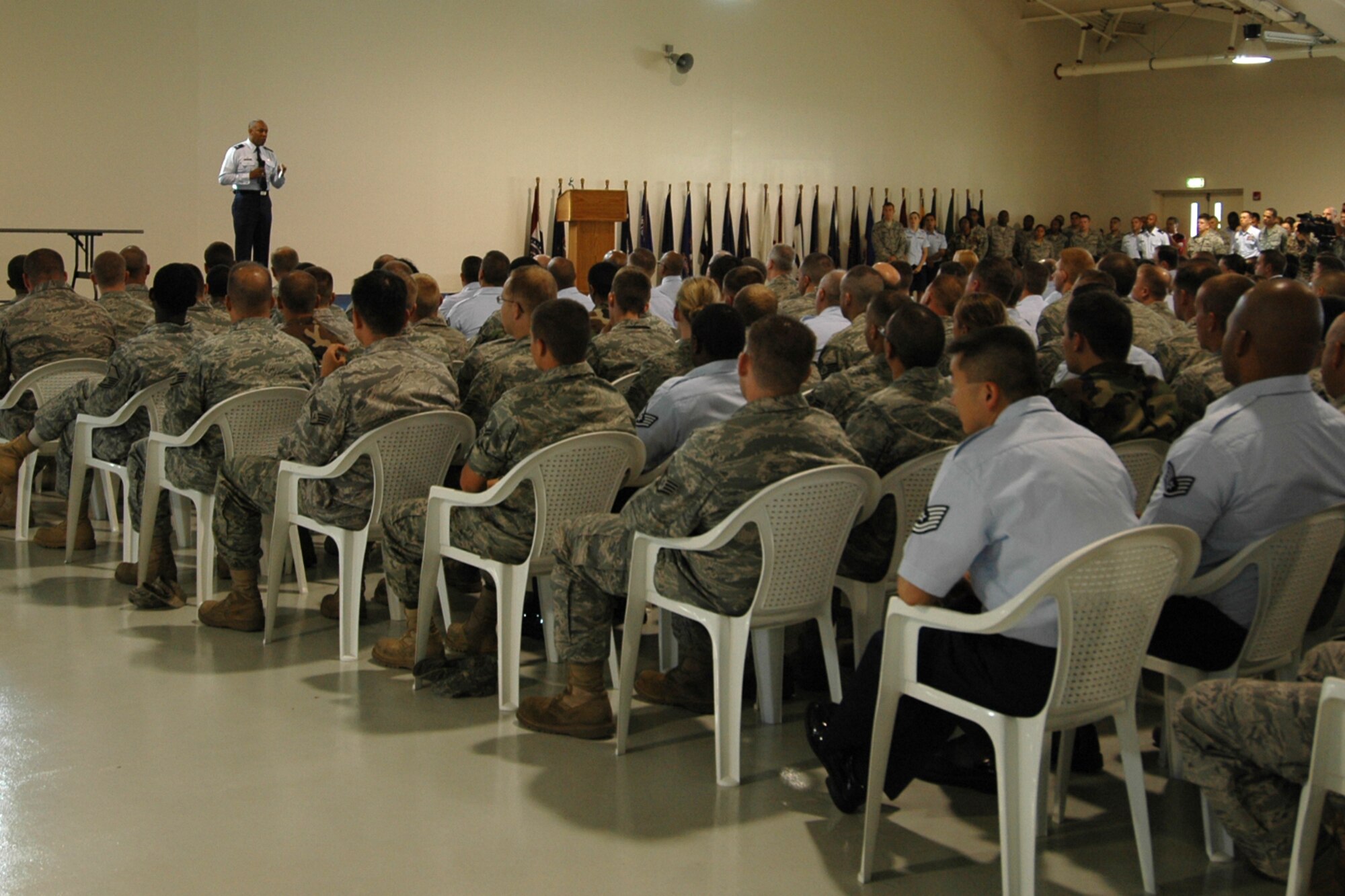 Col. C.Q. Brown Jr., 31st Fighter Wing commander, spoke with Airmen from the 31st FW at his first commander's call here July 27, 2009.  The commander outlined his mission and vision for the wing.  (U.S. Air Force photo/Staff Sgt. Mercedes Crossland)