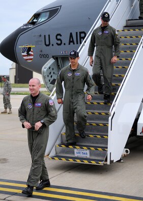 RAF MILDENHALL, England- Tech. Sgt. Chris McCarthy, boom operator with the 351st Air Refueling Squadron, Capt. Robert Arnett, with the 100th Operation Support Squadron and Maj. Andrew Rose with the 351st Air Refueling Squadron, return home from the 2009 Air Mobility Rodeo, held at McChord Air Force Base, Washington, July 26, 2009. More than 100 teams from Air Force, Air Force Reserve and allied nations are participating in the competition; the event focuses on improving worldwide air mobility forces core abilities in each respected career field. (U.S. Air Force photo by Staff Sgt. Jerry Fleshman)
